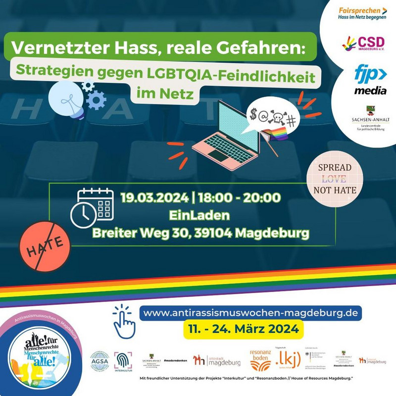 Gesprächsabend gegen LGBTQIA-Feindlichkeit im Netz am 19. März um 18 Uhr im "EinLaden" in Magdeburg 